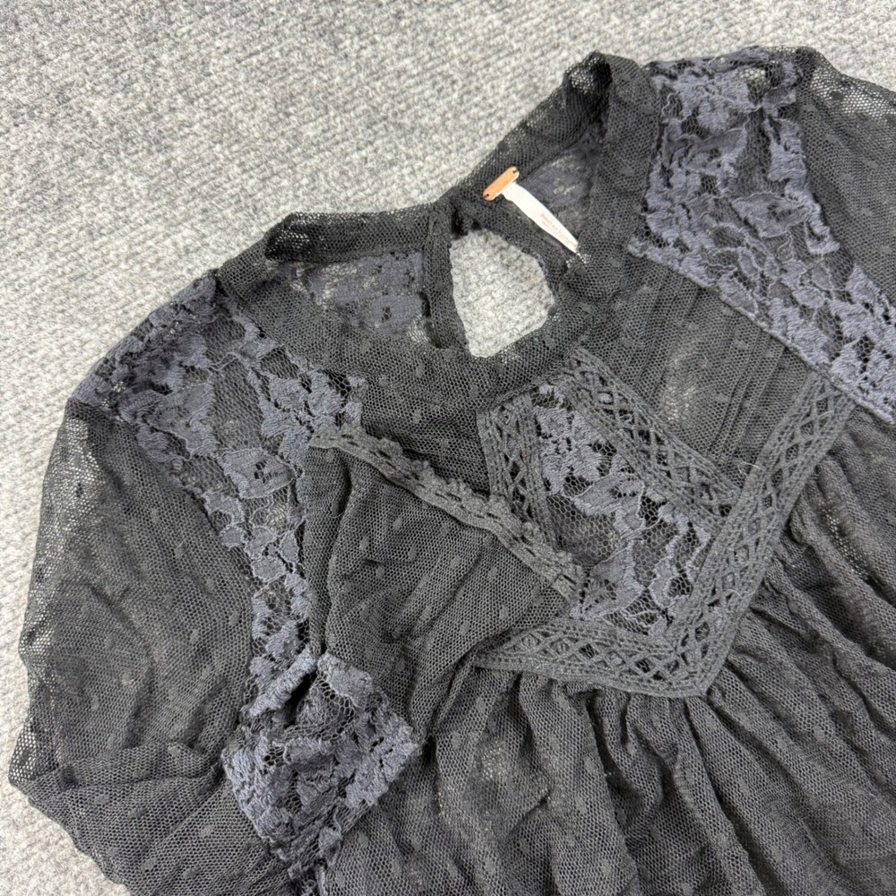 Free People Top XS Black Lace Mesh Sheer Peplum Long Sleeve Blouse Womens